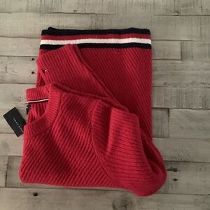 Red Ribbed Sweater with Striped Collar